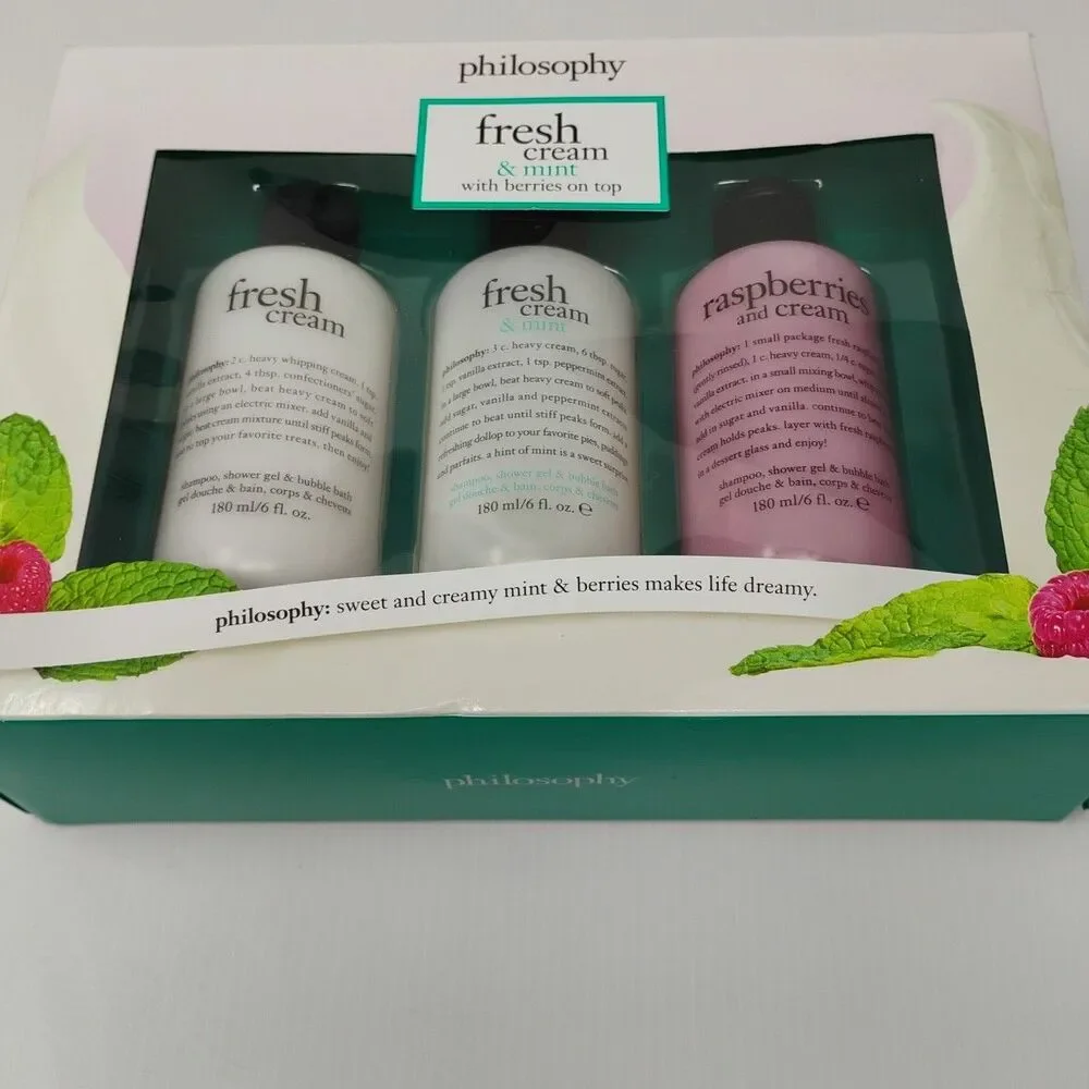 Philosophy Raspberries and Cream + Fresh Cream‎ & Mint 6oz Shampoo Gift Set of 3